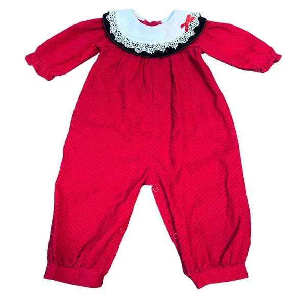 Vintage Alexis Polka Dot One Piece Collared Christmas Outfit Six Months - Picture 1 of 6